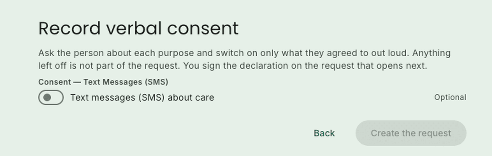 KDoctor Record verbal consent screen with the optional "Text messages (SMS) about care" switch turned off
