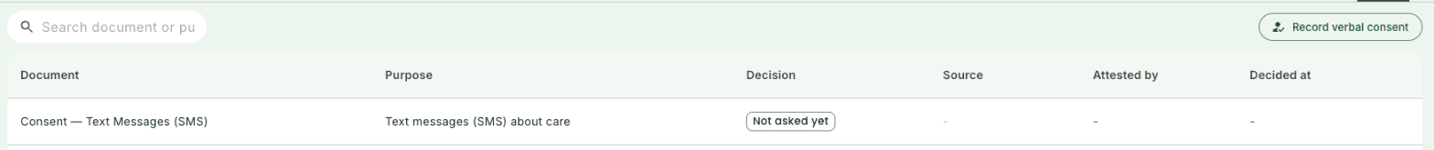 KDoctor Consents tab showing Consent — Text Messages (SMS) with the decision Not asked yet